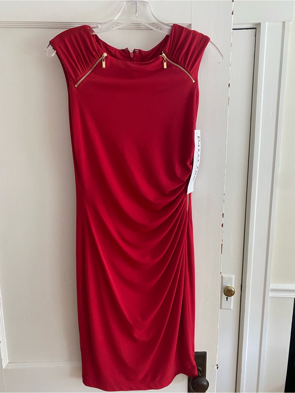 Cache Red Midi Dress with Gold Zip Accents
